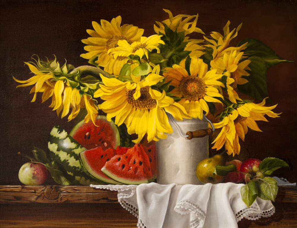 картина-постер Дари літа: букет соняшників з соковитим кавуном та яблуками