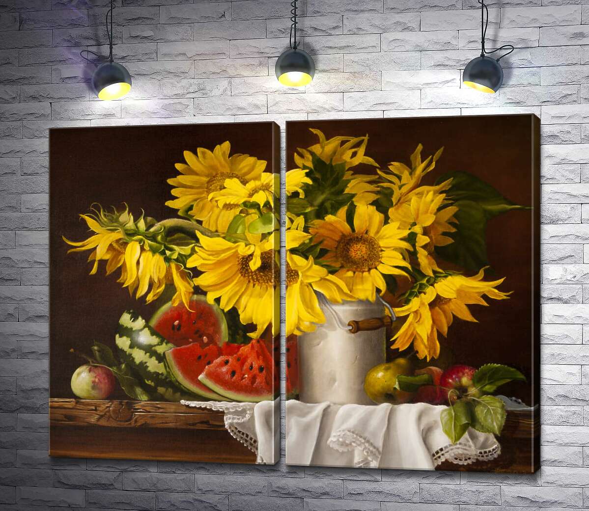 модульная картина Дары лета: букет подсолнечников с сочным арбузом и яблоками
