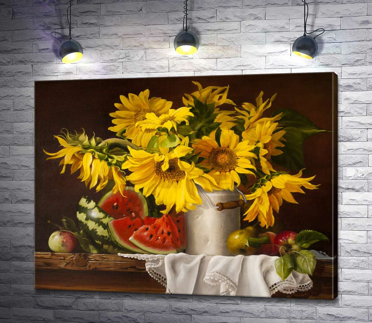 картина Дари літа: букет соняшників з соковитим кавуном та яблуками