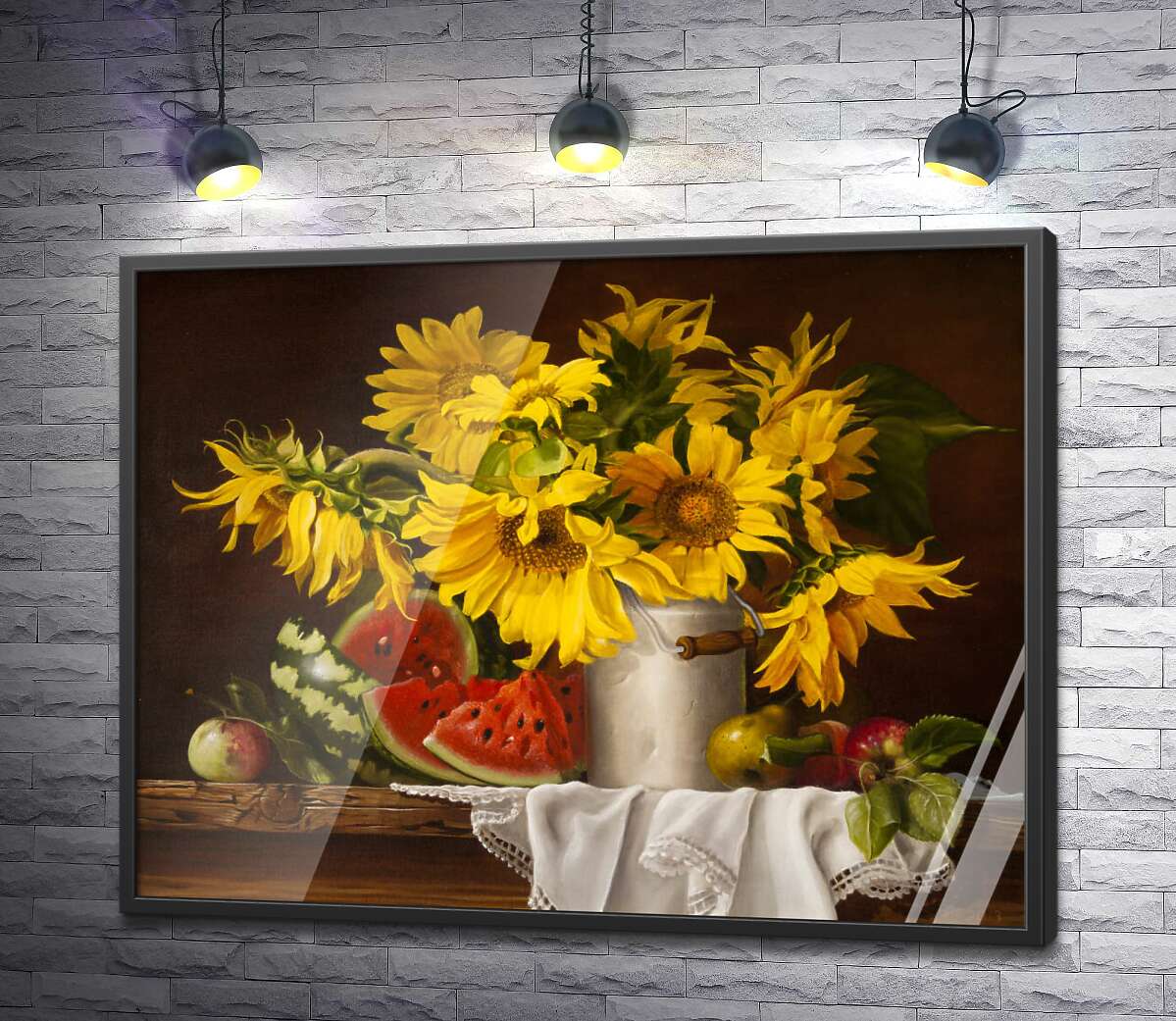 постер Дари літа: букет соняшників з соковитим кавуном та яблуками