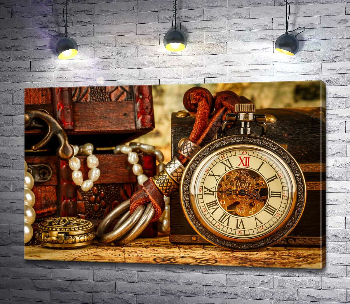 картина Старинные часы среди шкатулок с морскими сокровищами