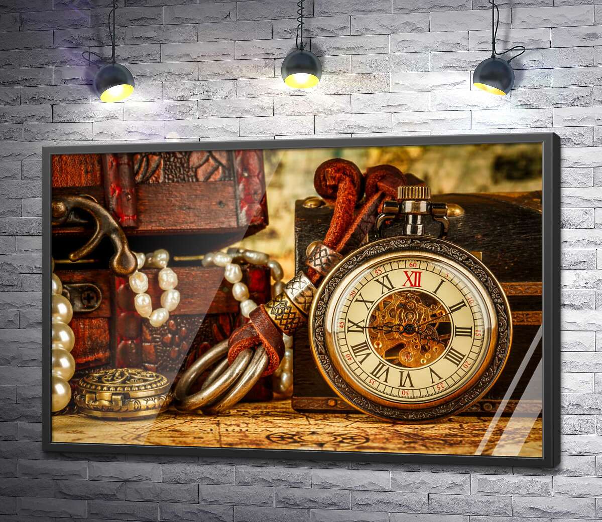 постер Старовинний годинник серед шкатулок із морськими скарбами