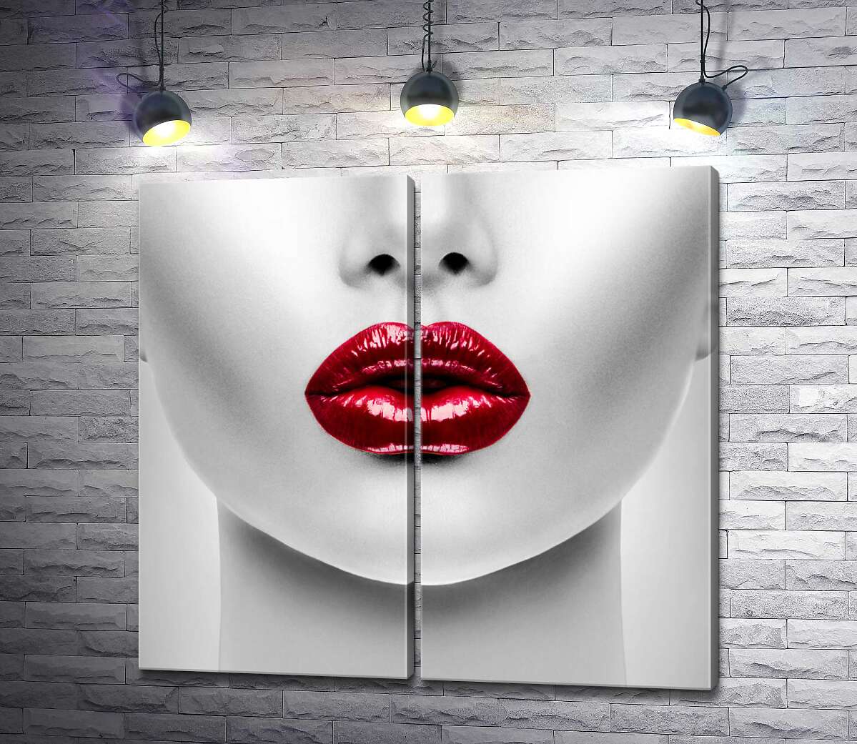 модульная картина Красный блеск губ на фарфорово-белом лице
