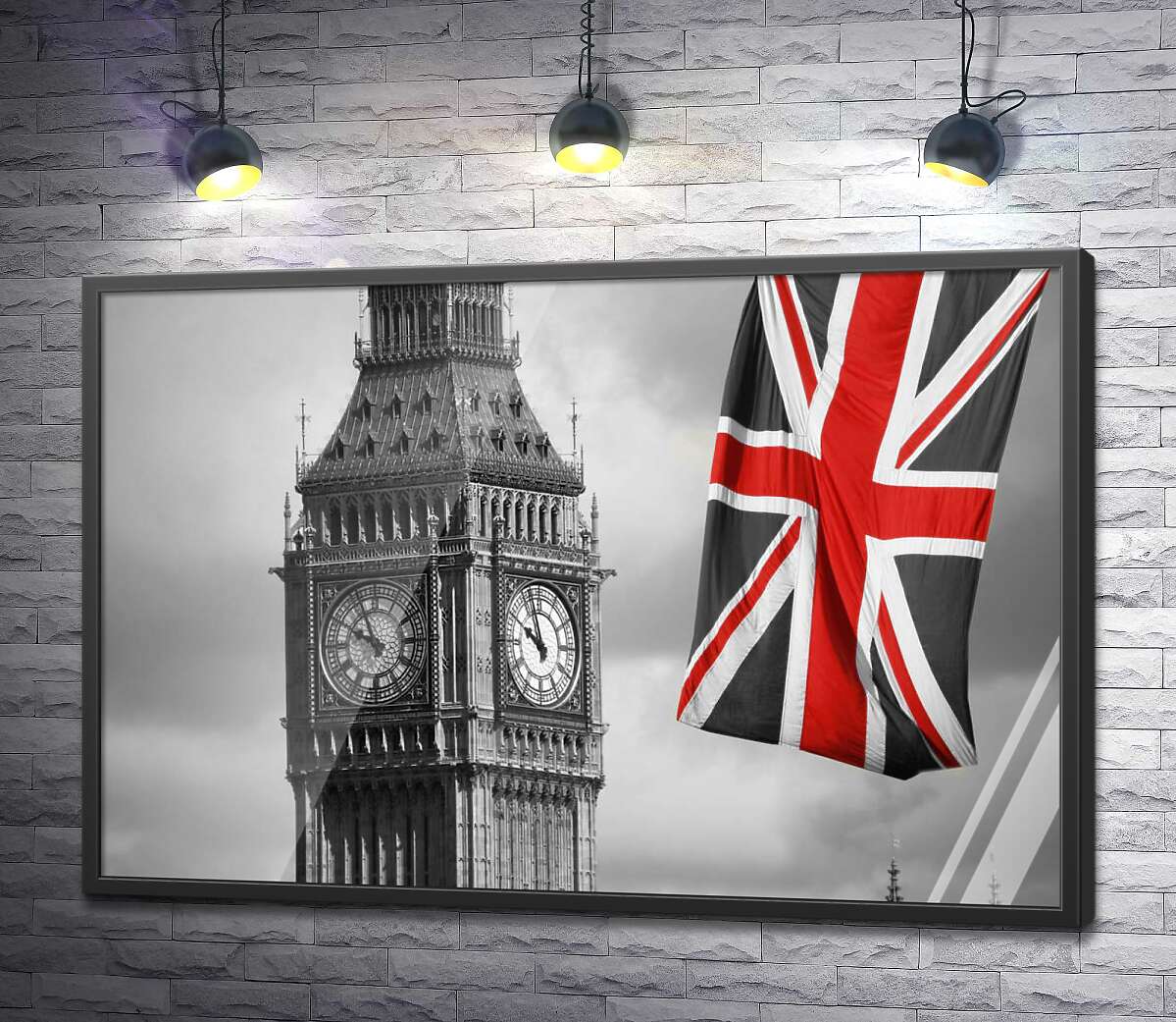 постер Красные цвета на британском флаге рядом с башней Биг Беном (Big Ben)