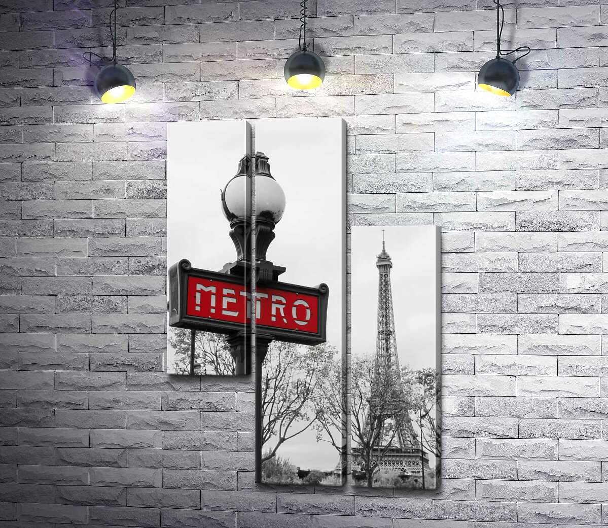 модульна картина Ліхтар з вінтажним написом "metro" на фоні Ейфелевої вежі (Eiffel tower) (Модуль №13)