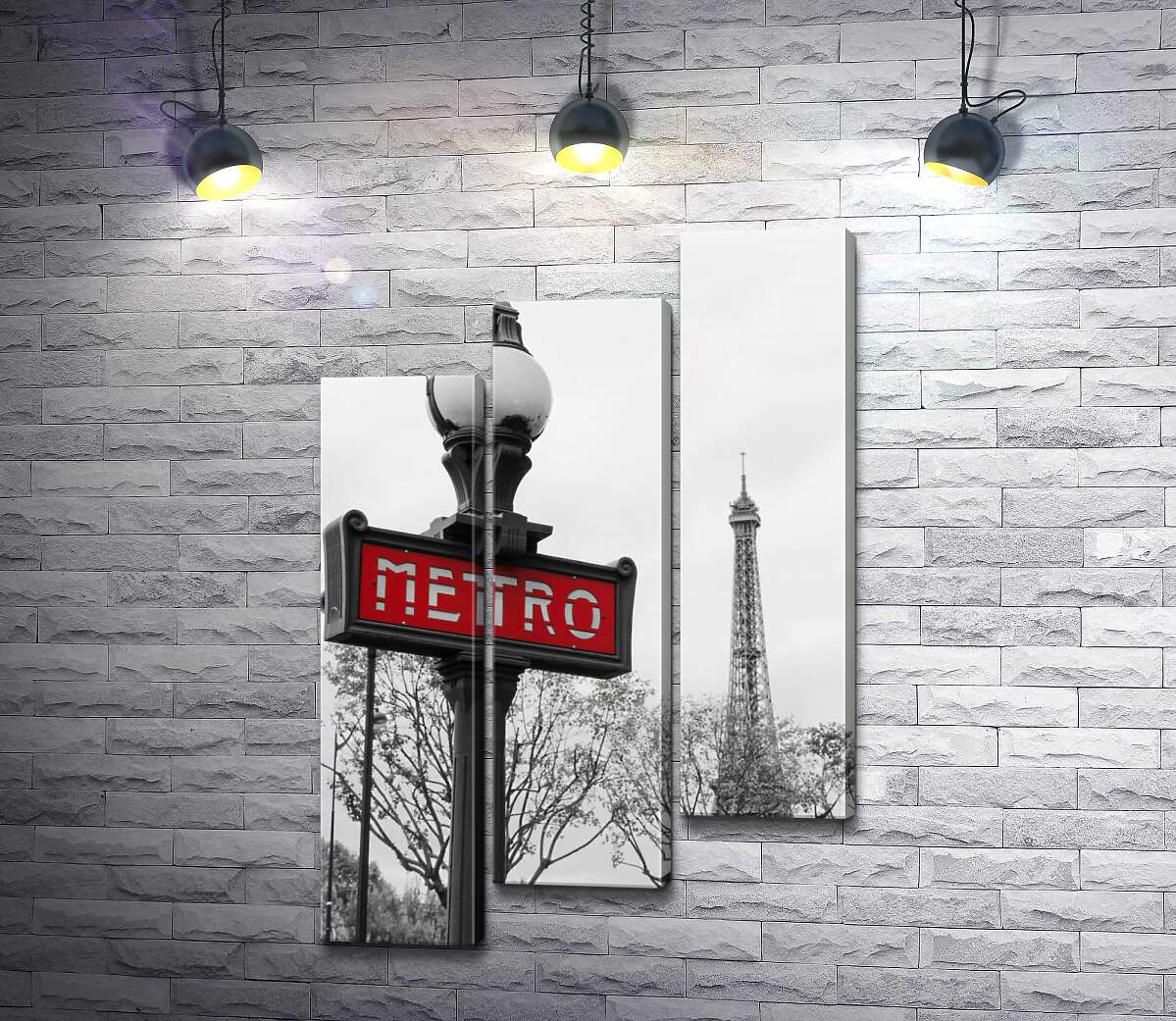 модульная картина Фонарь с винтажной надписью "metro" на фоне Эйфелевой башни (Eiffel tower) (Модуль №14)