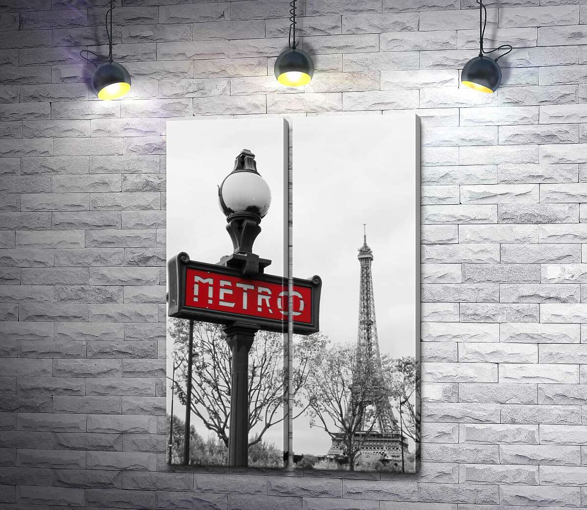 модульная картина Фонарь с винтажной надписью "metro" на фоне Эйфелевой башни (Eiffel tower)