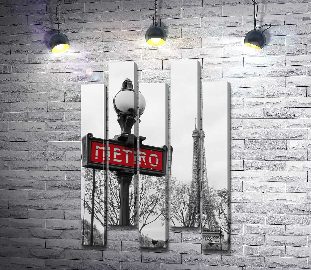 модульна картина Ліхтар з вінтажним написом "metro" на фоні Ейфелевої вежі (Eiffel tower) (Модуль №30)