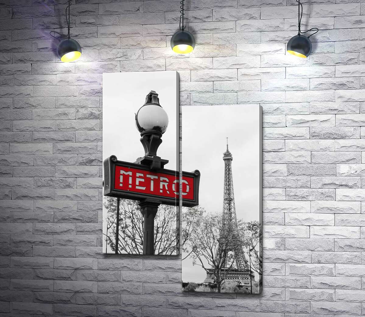 модульна картина Ліхтар з вінтажним написом "metro" на фоні Ейфелевої вежі (Eiffel tower) (Модуль №9)