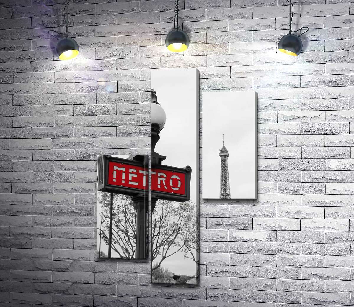 модульна картина Ліхтар з вінтажним написом "metro" на фоні Ейфелевої вежі (Eiffel tower) (Модуль №12)