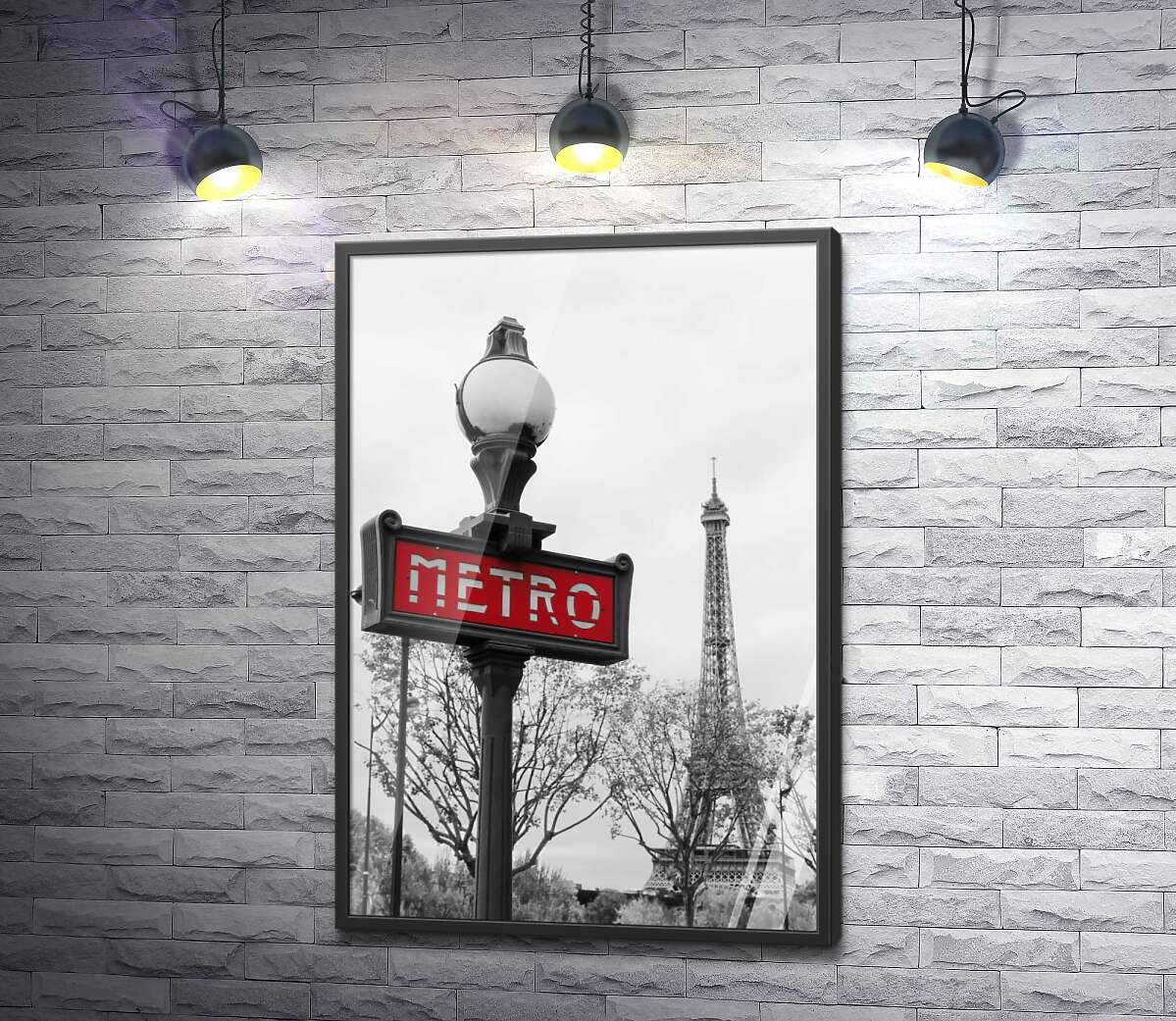 постер Ліхтар з вінтажним написом "metro" на фоні Ейфелевої вежі (Eiffel tower)
