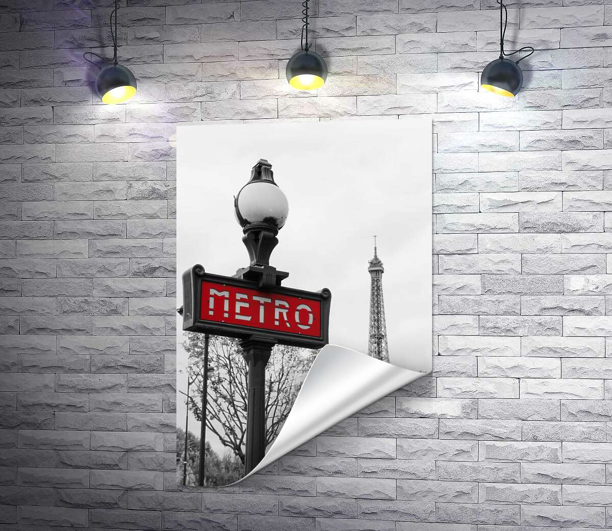 печать Фонарь с винтажной надписью "metro" на фоне Эйфелевой башни (Eiffel tower)