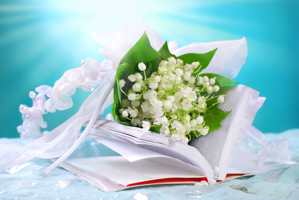картина-постер Весенний букет ландышей лежит между страницами маленькой книги