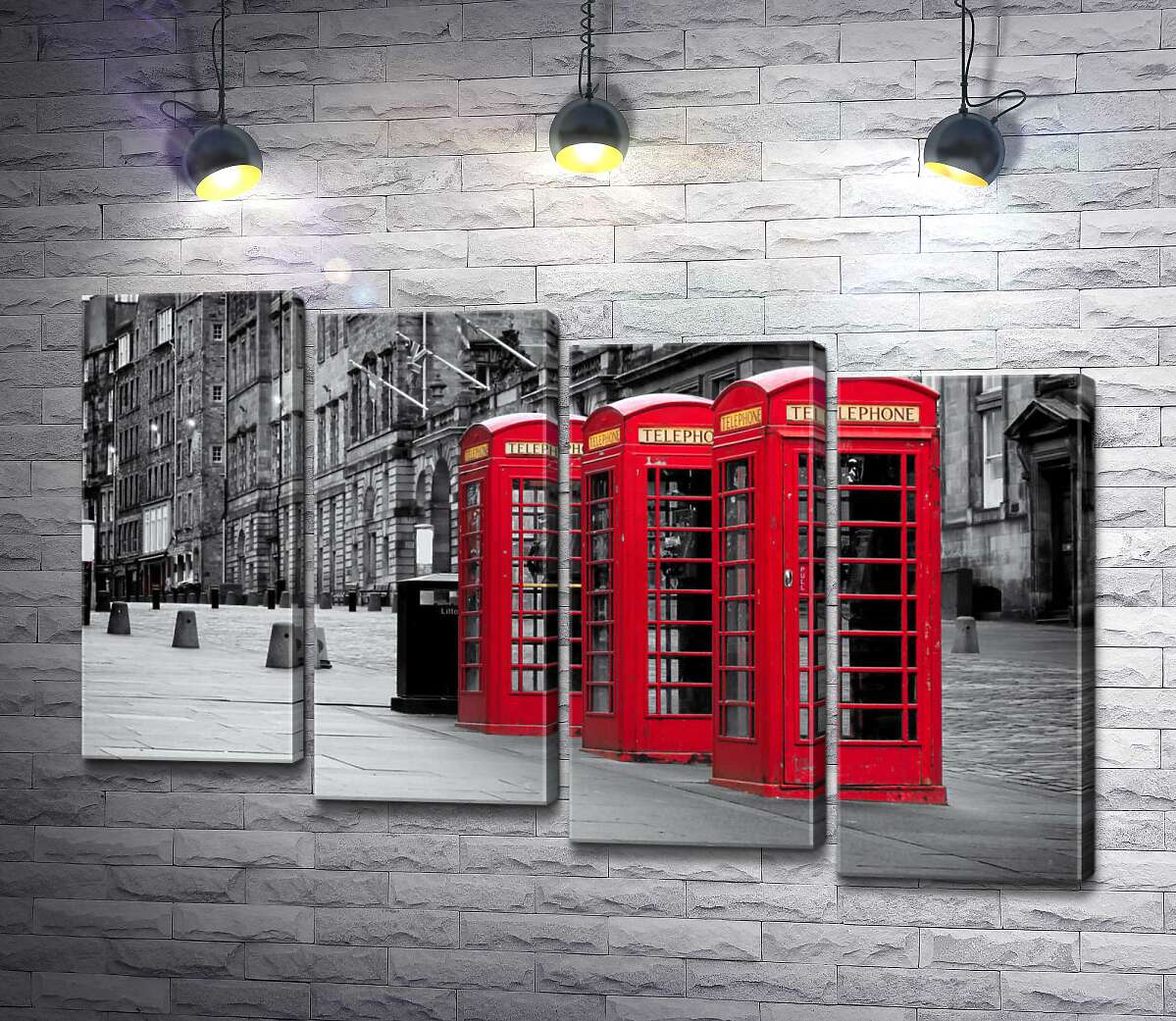 модульна картина Червоні телефонні будки вишикувались на тротуарі столичної вулиці (Модуль №19)