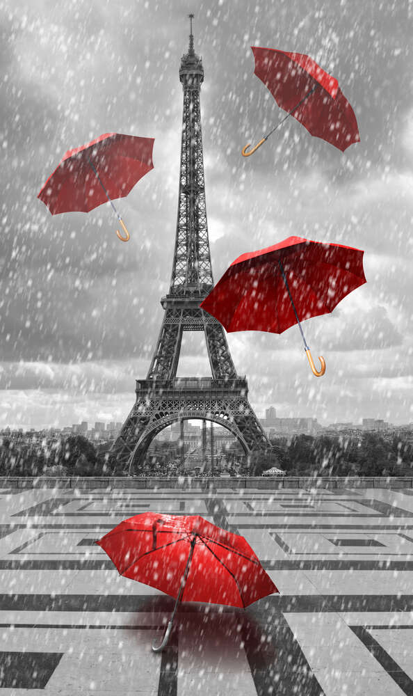 картина-постер Дощ із червоних зонтиків перед Ейфелевою вежею (Eiffel tower)