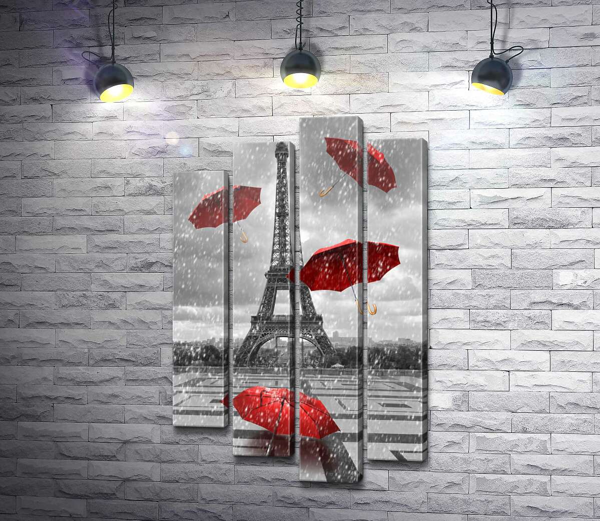 модульная картина Дождь из красных зонтиков перед Эйфелевой башней (Eiffel tower) (Модуль №3)