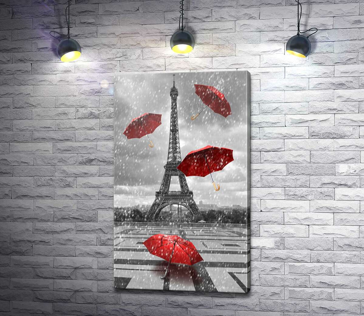 картина Дождь из красных зонтиков перед Эйфелевой башней (Eiffel tower)