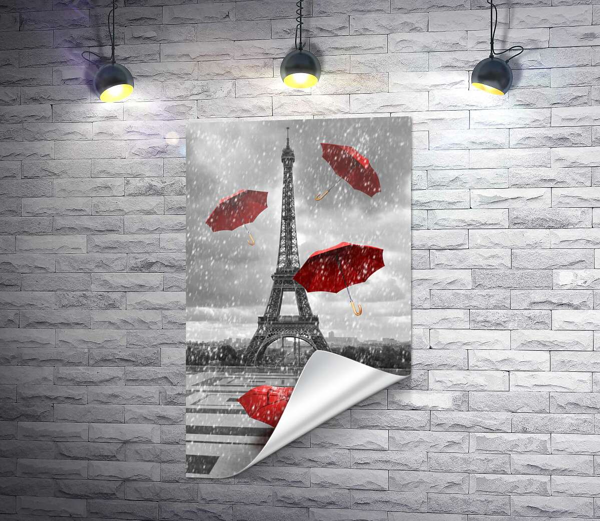 друк Дощ із червоних зонтиків перед Ейфелевою вежею (Eiffel tower)