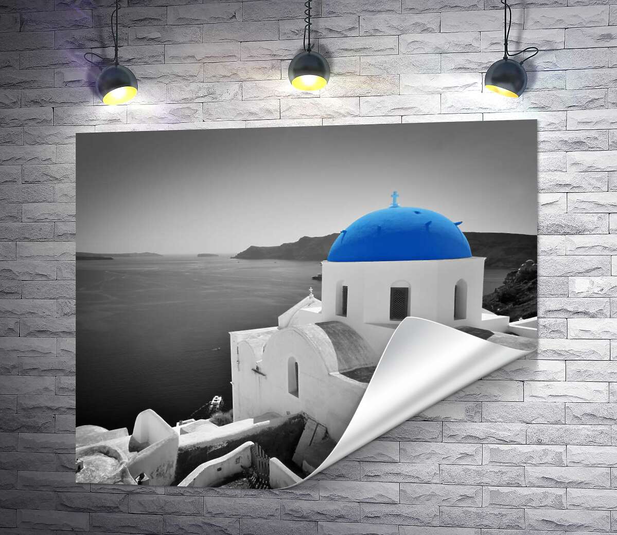 печать Церковь с синим куполом на побережье острова Санторини
