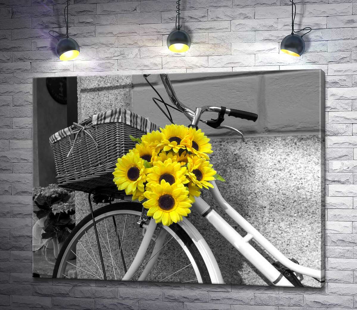картина Сияющие подсолнухи украшают руль велосипеда