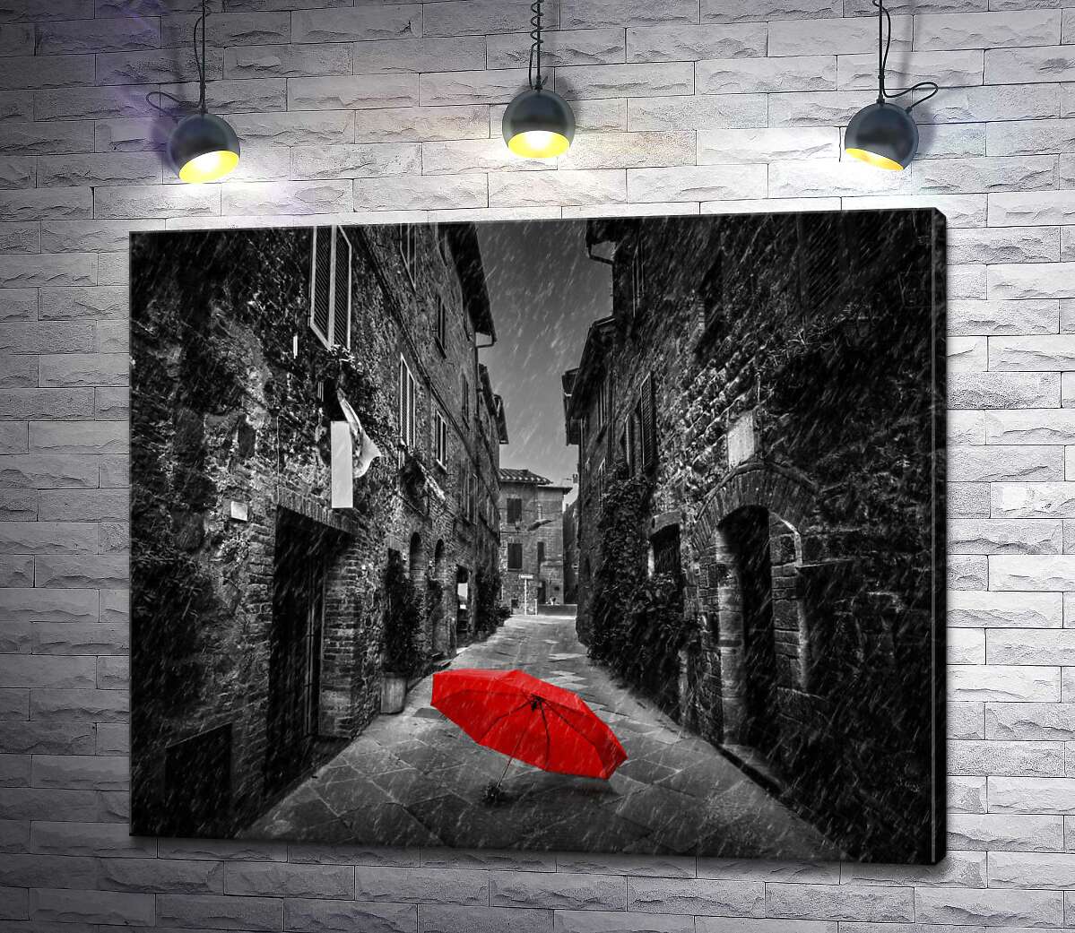 картина Червона парасолька лежить на дощовій вулиці старого міста