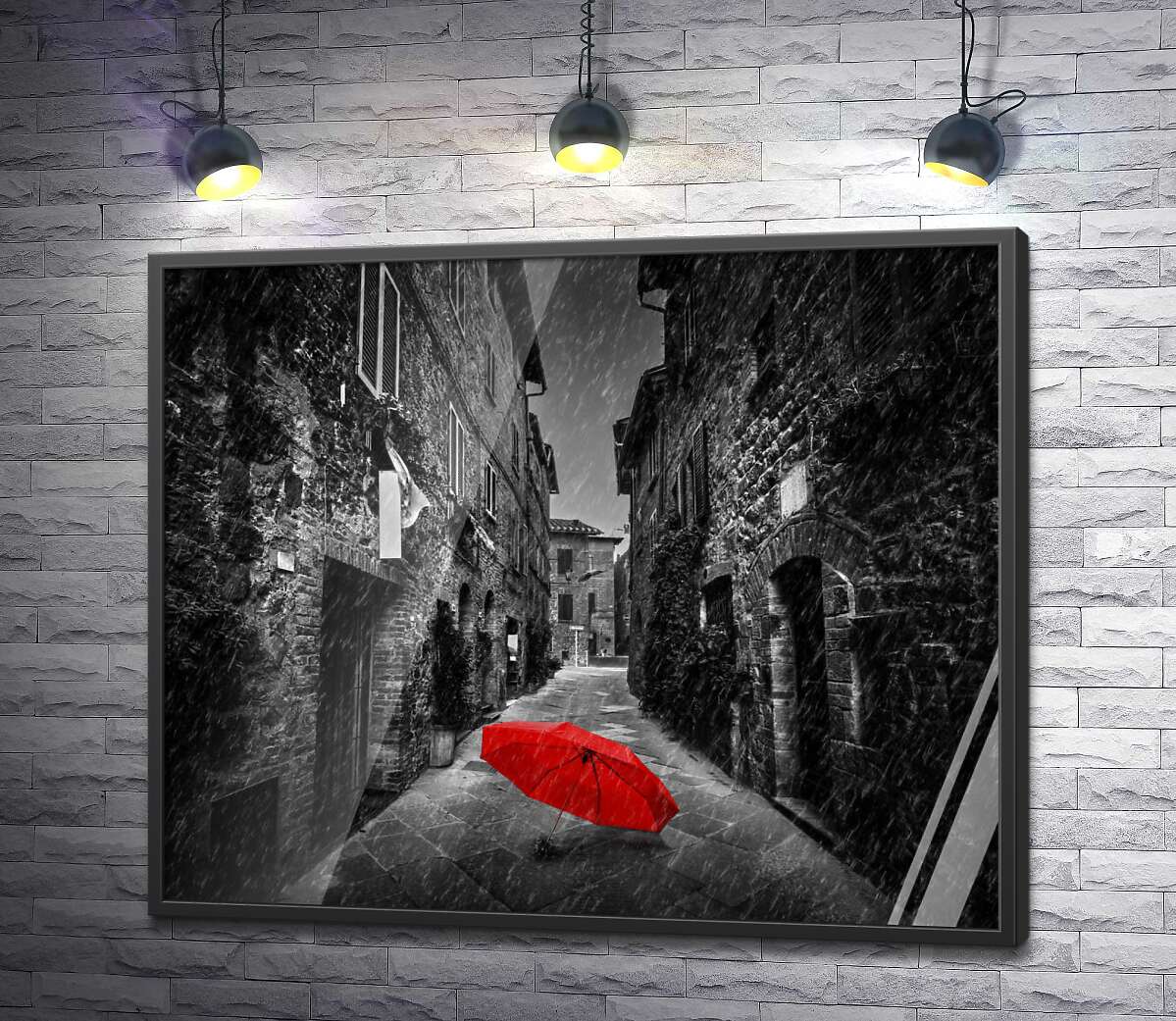 постер Красный зонтик лежит на дождливой улице старого города