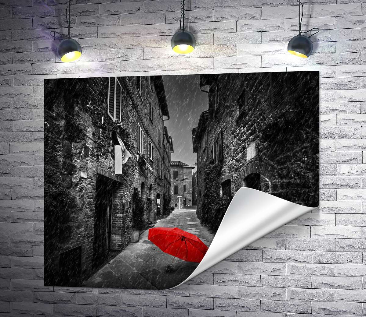 печать Красный зонтик лежит на дождливой улице старого города