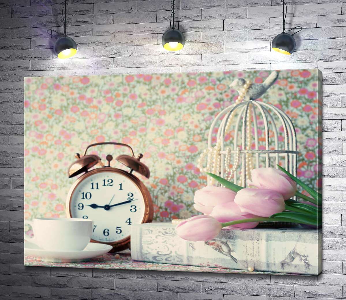 картина Стол для утреннего чаепития украшен тюльпанами