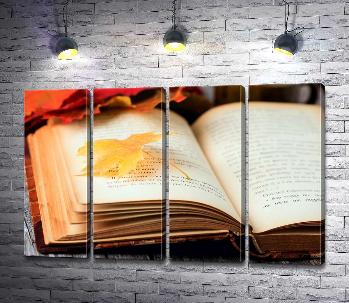 модульная картина Желтый кленовый листик лежит на странице книги (Модуль №24)