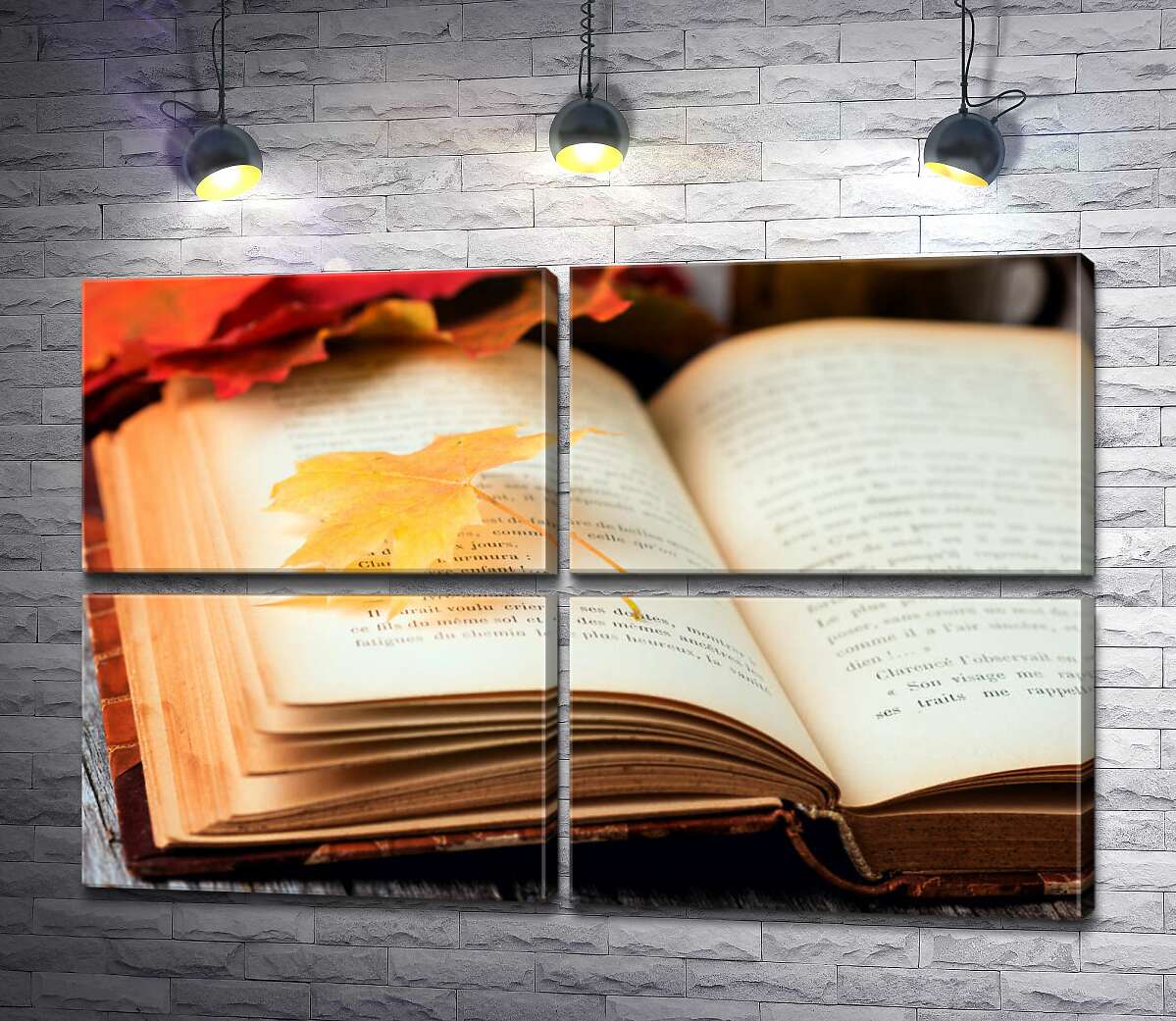 модульная картина Желтый кленовый листик лежит на странице книги (Модуль №25)