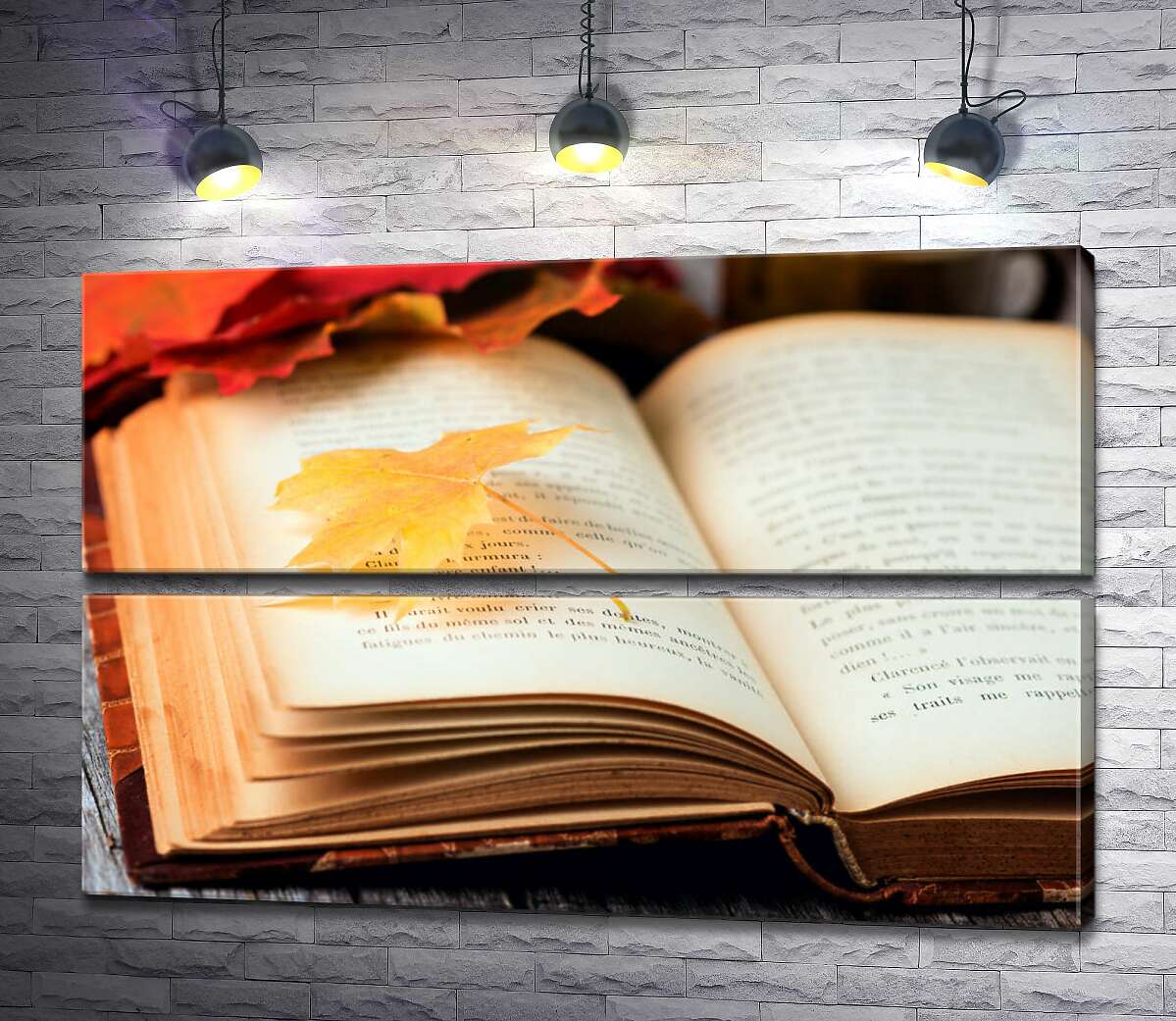 модульна картина Жовтий кленовий листочок лежить на сторінці книги (Модуль №7)