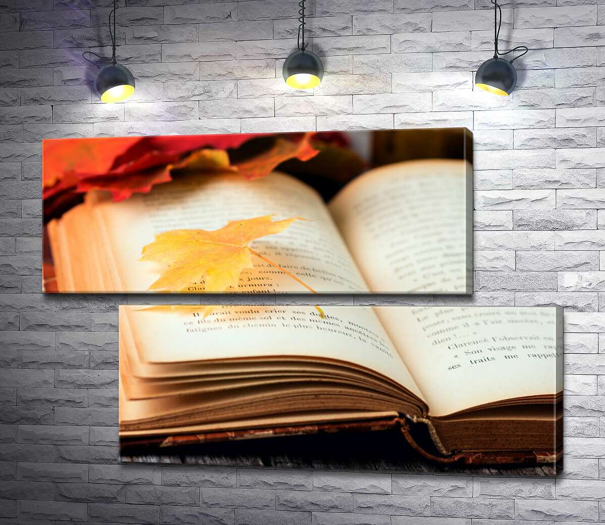 модульная картина Желтый кленовый листик лежит на странице книги (Модуль №8)
