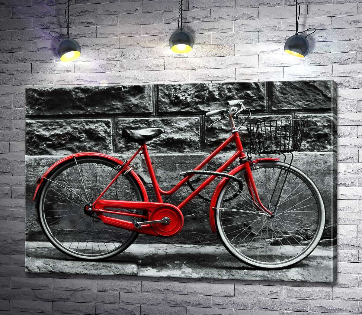 картина Красный велосипед ждет владельца у стены дома