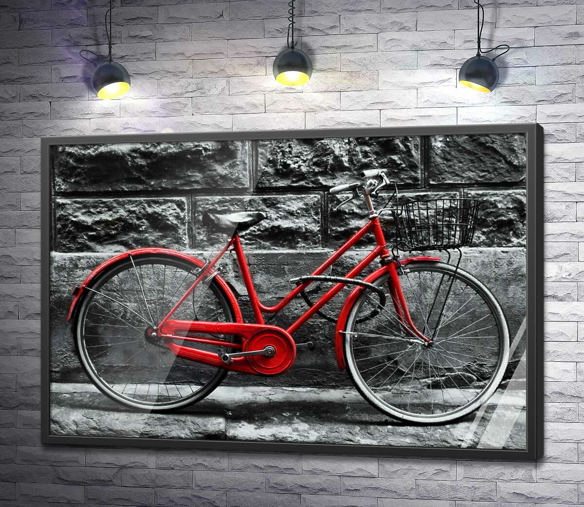 постер Червоний велосипед чекає на власника біля стіни будинку
