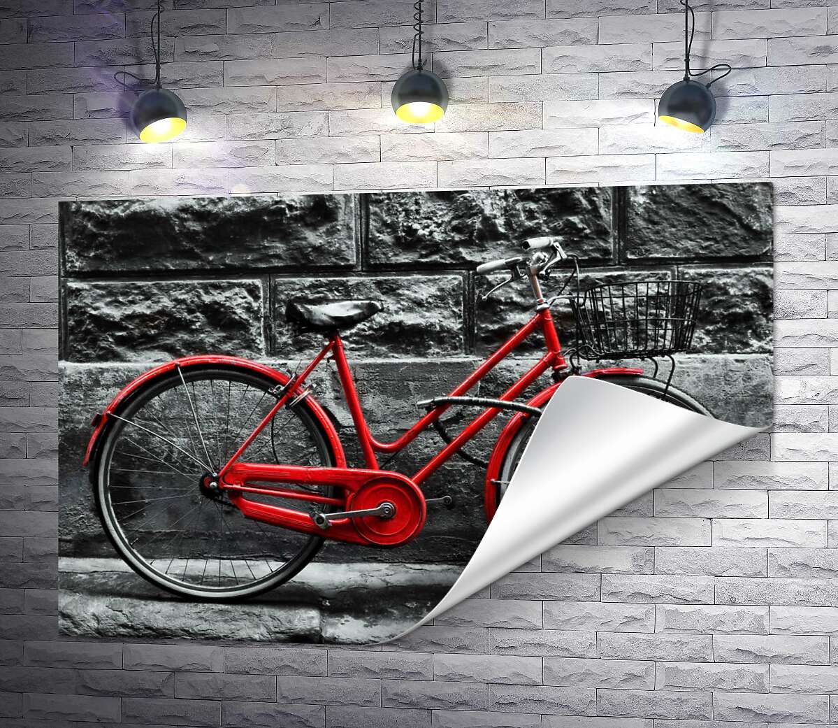 друк Червоний велосипед чекає на власника біля стіни будинку