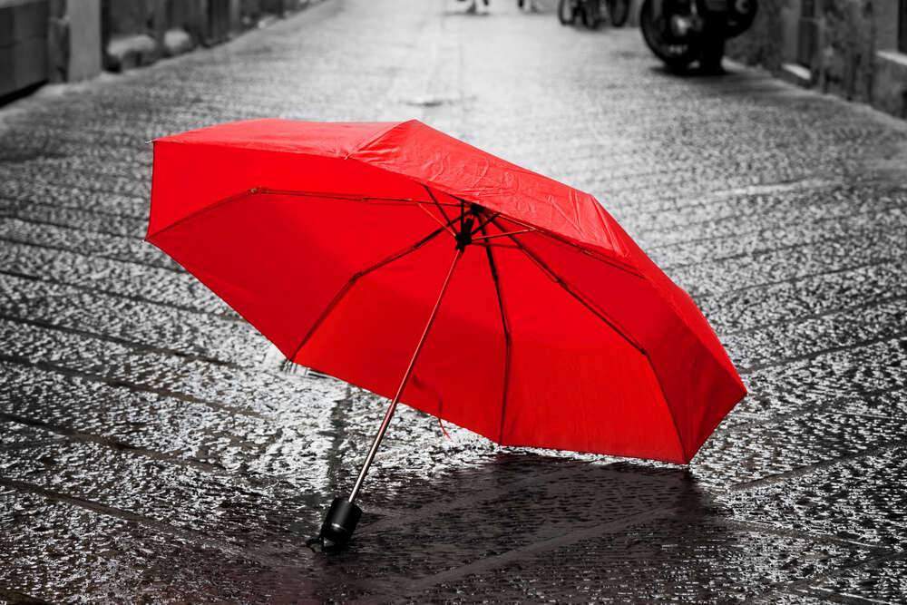 картина-постер Сочно-красный зонтик на мокрой брусчатке