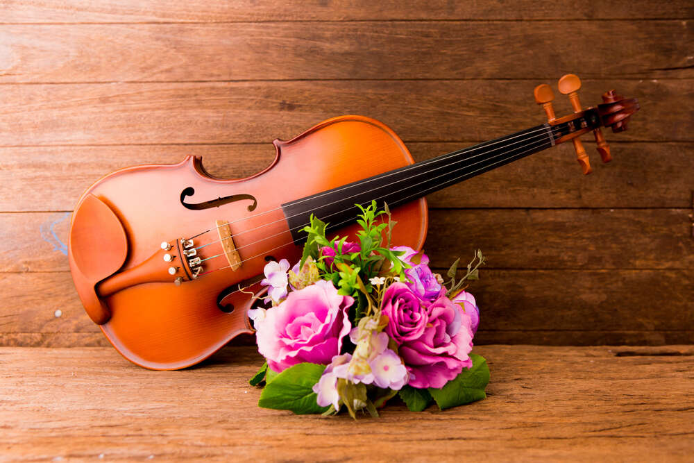 картина-постер Изысканные изгибы скрипки украшены букетом роз