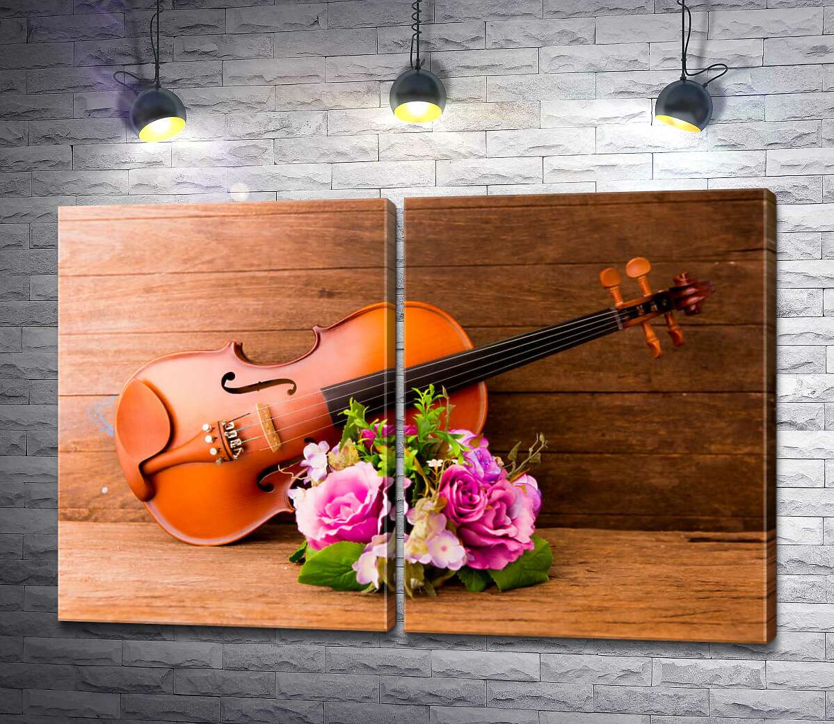 модульная картина Изысканные изгибы скрипки украшены букетом роз