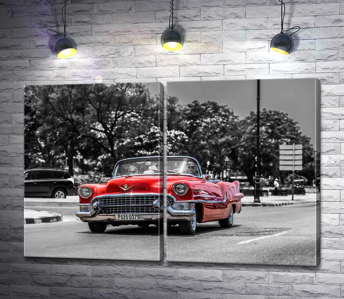 модульная картина Красный Cadillac Eldorado едет по широкой городской дороге