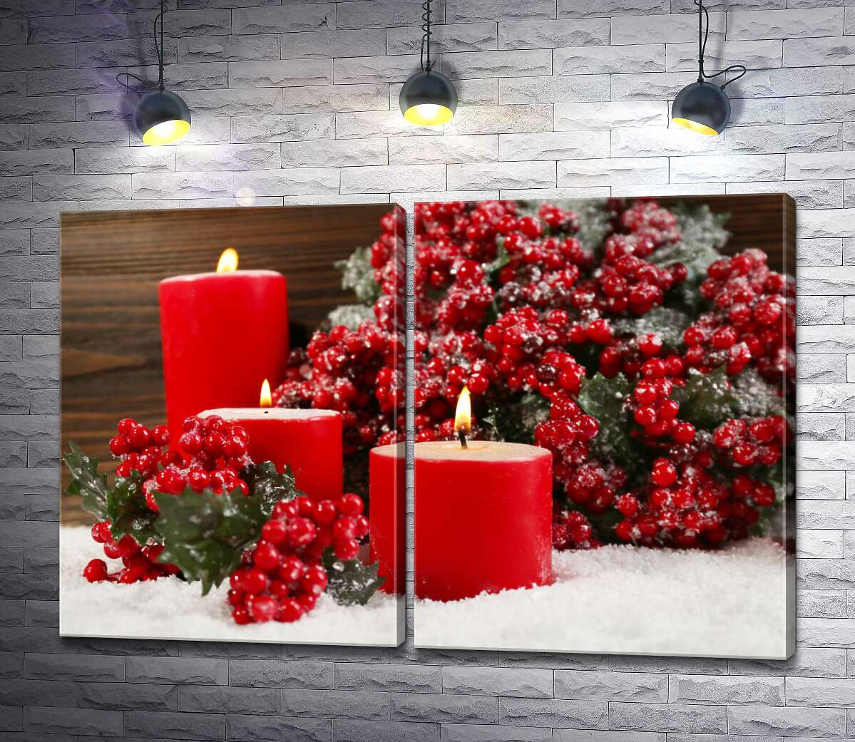 модульная картина Три свечи, украшенные гроздями заснеженной калины