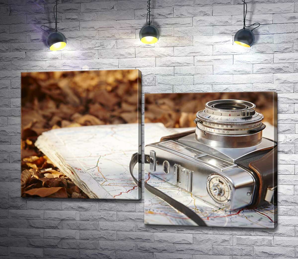 модульная картина Карта и фотоаппарат на желтом ковре из сухих листьев (Модуль №9)
