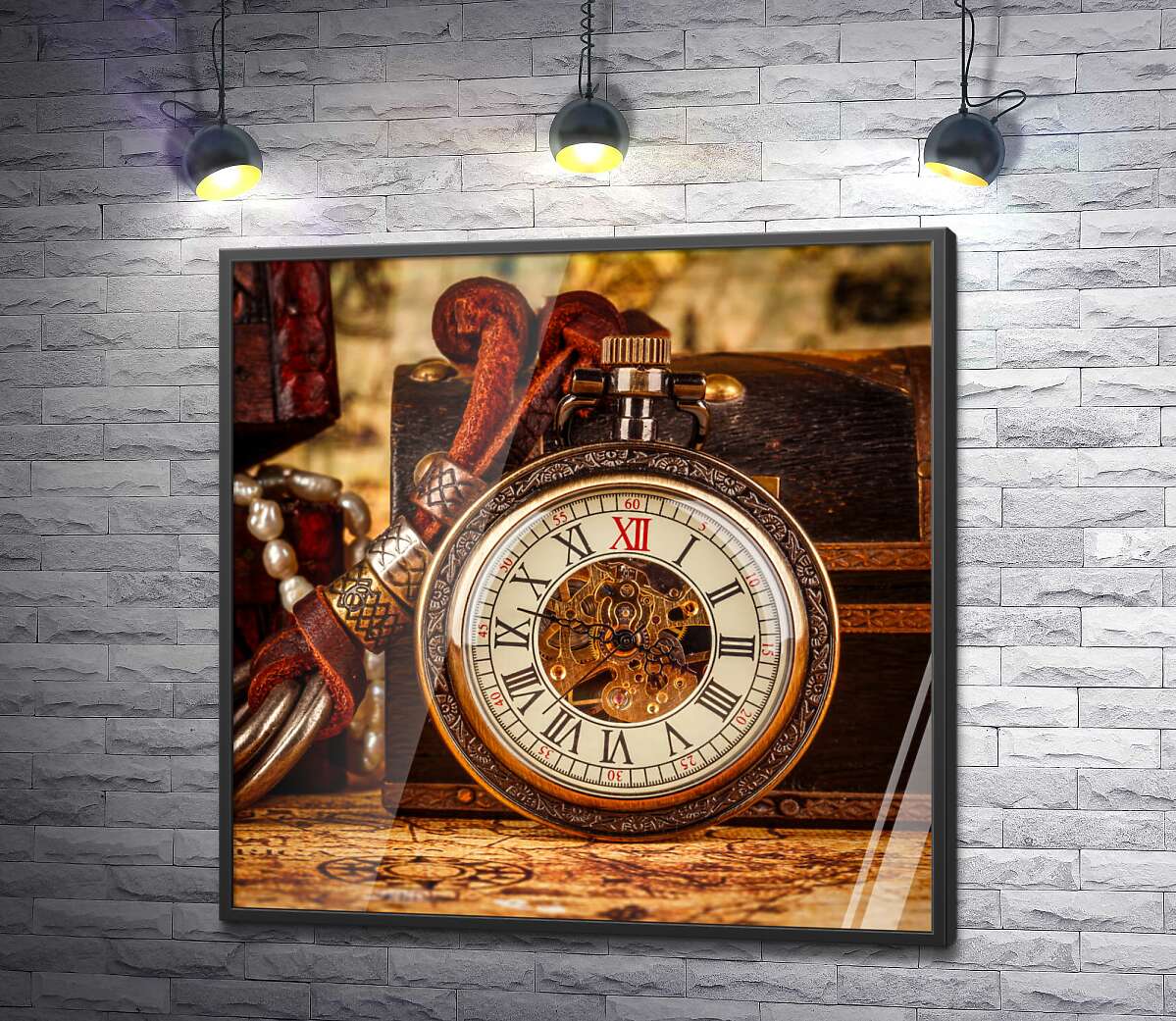 постер Вінтажний кишеньковий годинник обперся на скриньку з піратськими скарбами