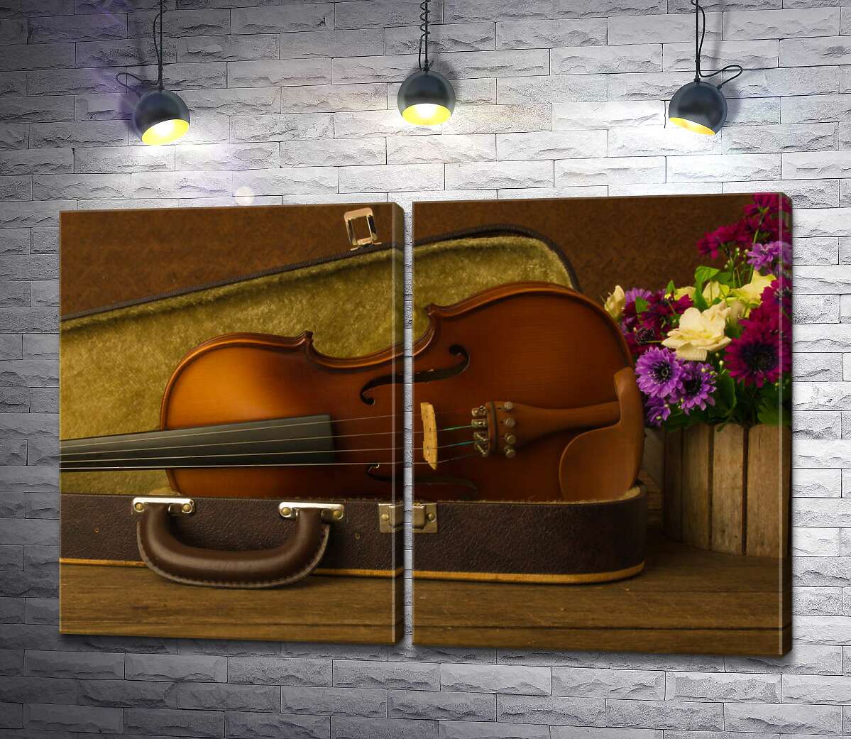 модульная картина Букет цветов украшает скрипку в футляре