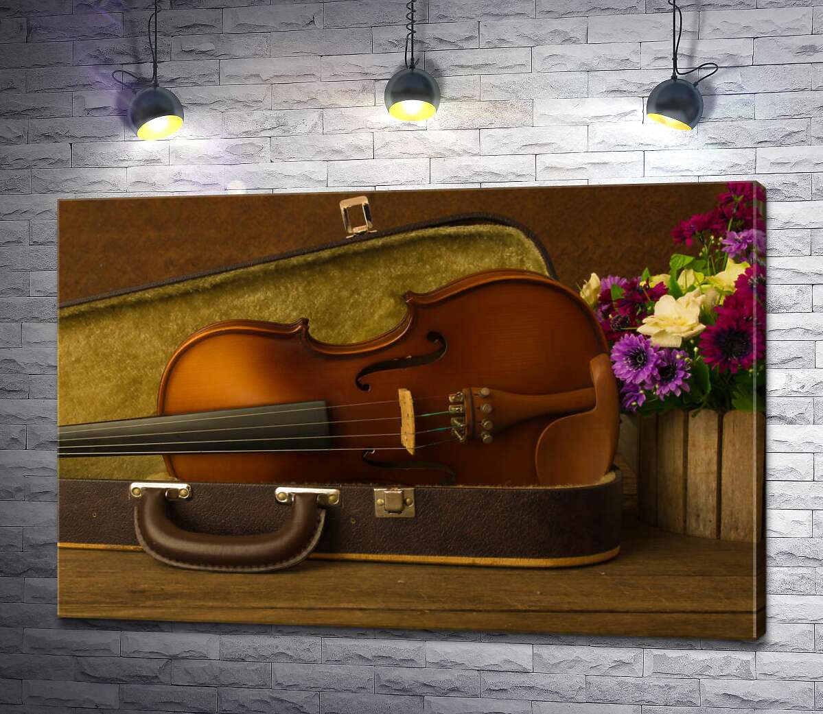 картина Букет цветов украшает скрипку в футляре