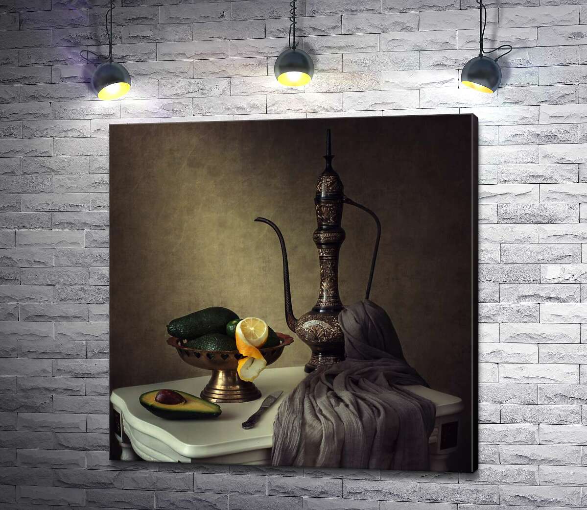 картина Східний натюрморт: глечик біля вази з авокадо та лимоном