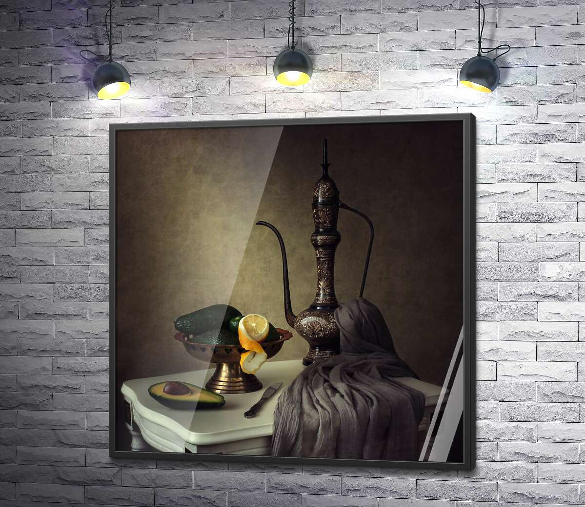 постер Східний натюрморт: глечик біля вази з авокадо та лимоном