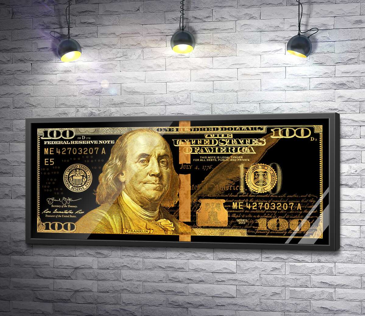 постер Купюра 100 долларов в негативе и золотым тиснением