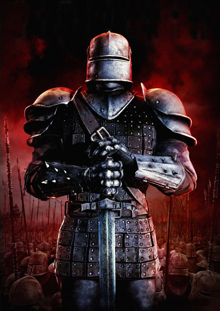картина-постер Могучий рыцарь на кроваво-красном фоне