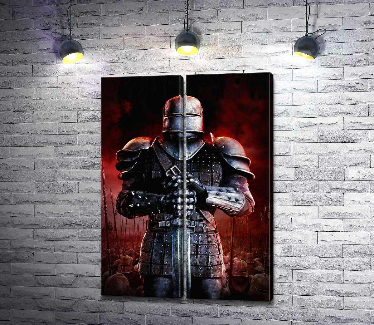 модульная картина Могучий рыцарь на кроваво-красном фоне