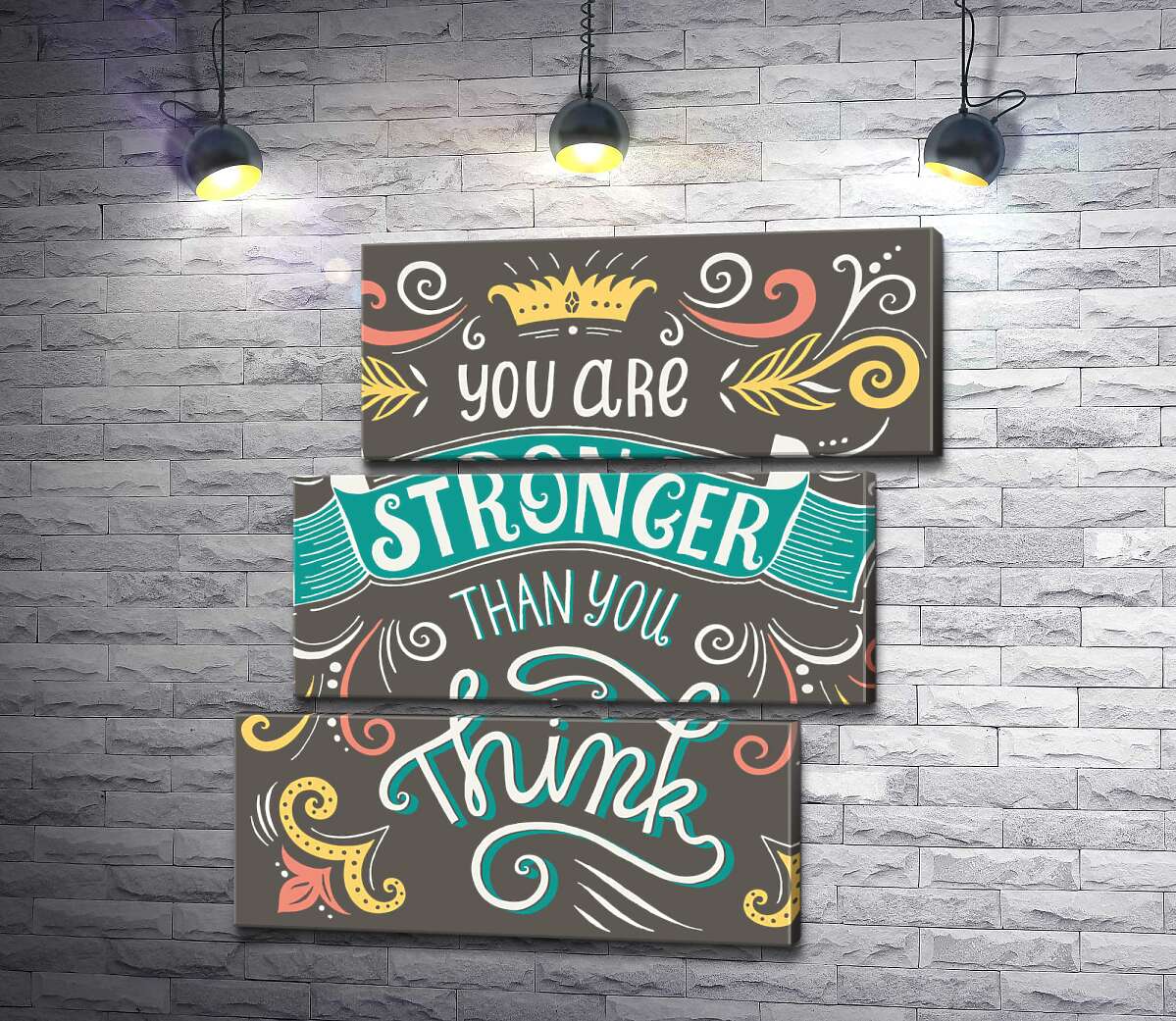 модульная картина Фраза "you are stronger than you think" с цветочными узорами (Модуль №17)